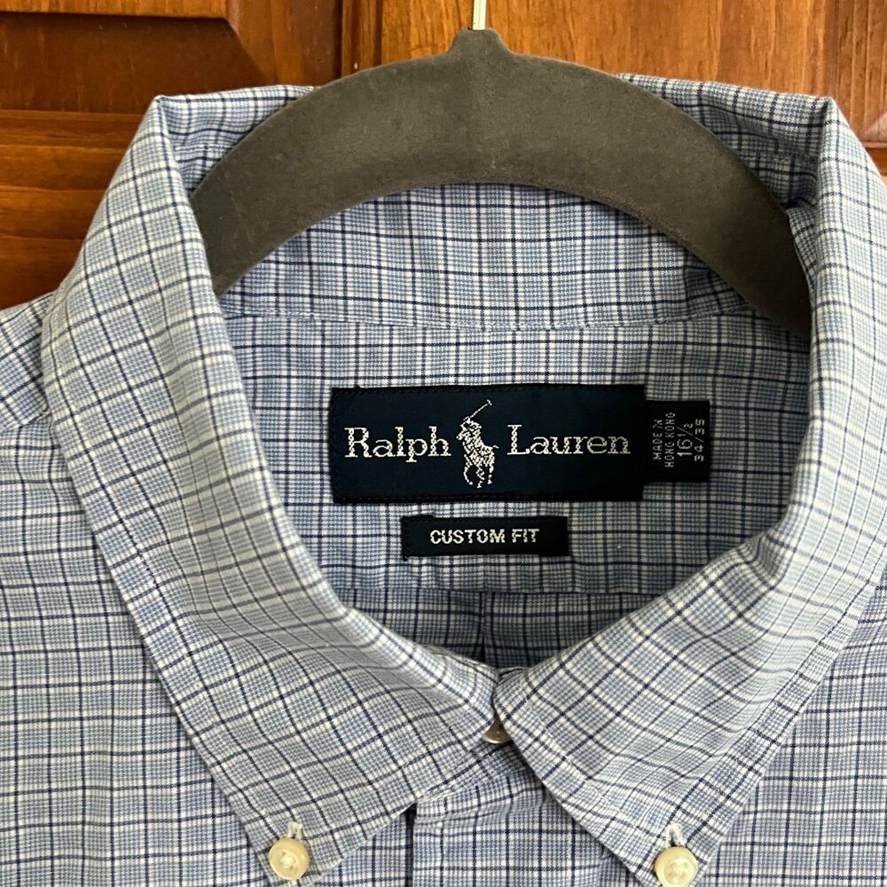 Ralph Lauren Custom Fit Blue/Navy/White Plaid Button Down Shirt Mens 16.5-34/35